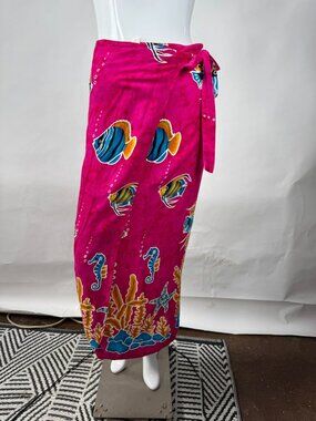 Tropical Pink Wrap Skirt With Ocean Fish & Coral Print Boho Summer Beach Sarong